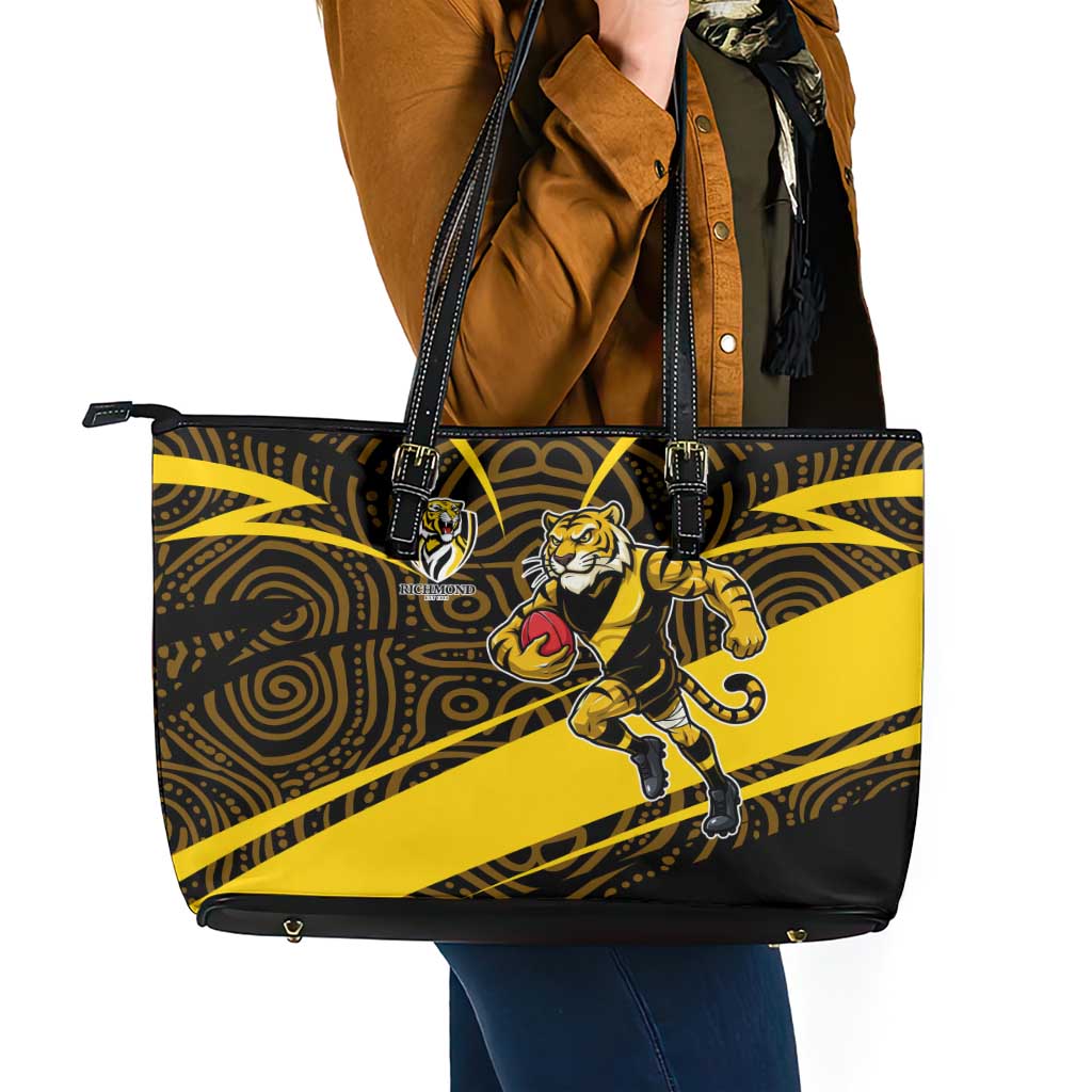 Richmond Tigers Australian Football Leather Tote Bag Powerful Tiger Mascot With Indigenous Pattern Art