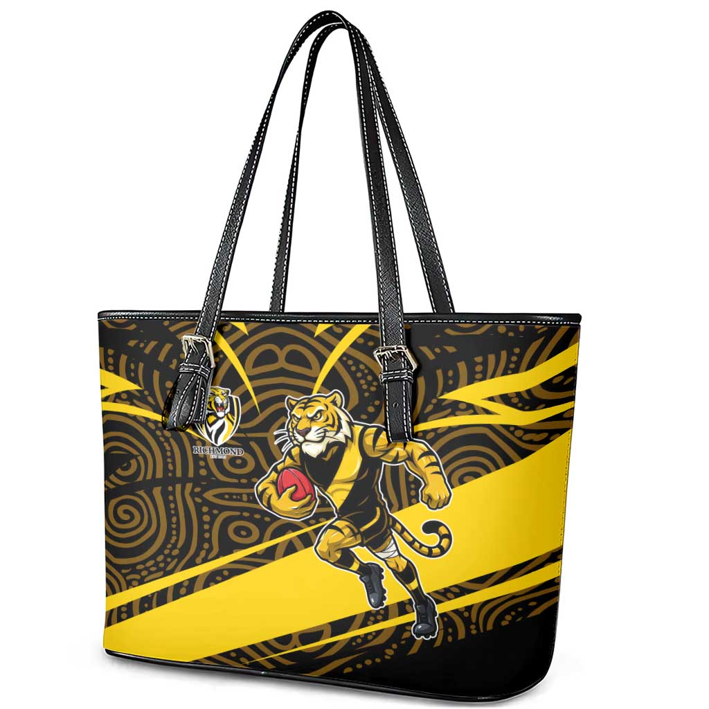 Richmond Tigers Australian Football Leather Tote Bag Powerful Tiger Mascot With Indigenous Pattern Art