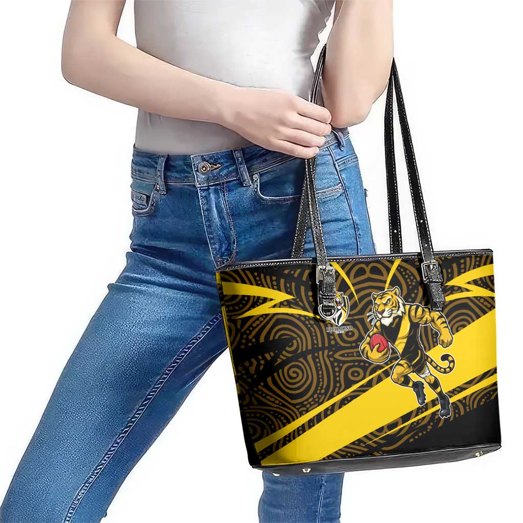 Richmond Tigers Australian Football Leather Tote Bag Powerful Tiger Mascot With Indigenous Pattern Art