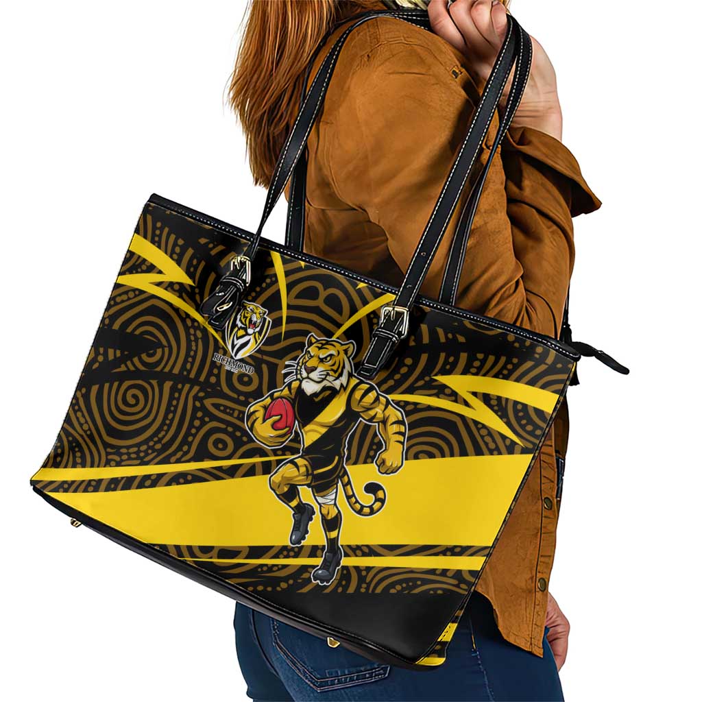Richmond Tigers Australian Football Leather Tote Bag Powerful Tiger Mascot With Indigenous Pattern Art