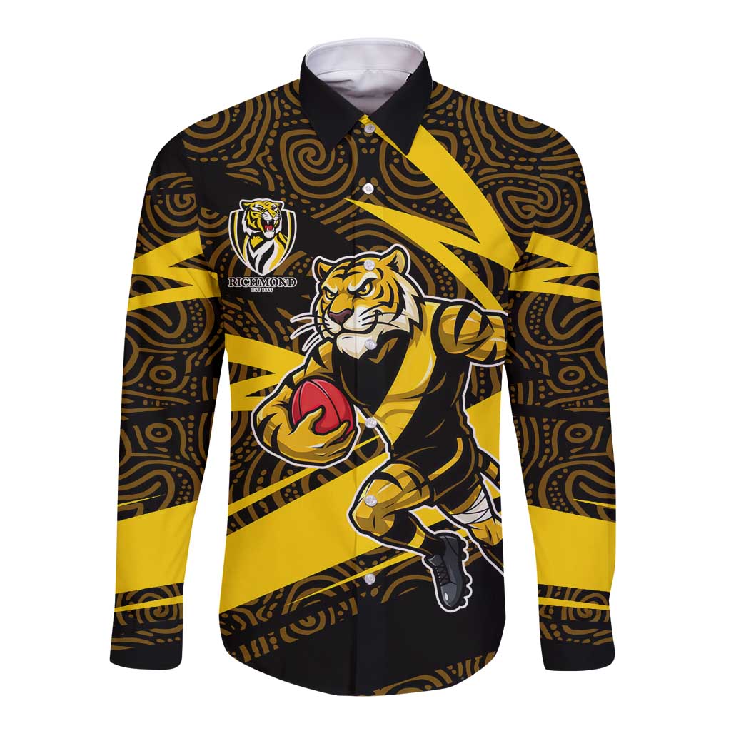 Richmond Tigers Australian Football Long Sleeve Button Shirt Powerful Tiger Mascot With Indigenous Pattern Art