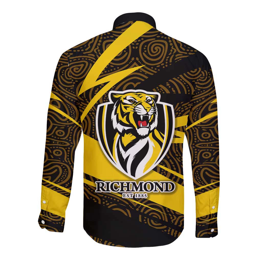 Richmond Tigers Australian Football Long Sleeve Button Shirt Powerful Tiger Mascot With Indigenous Pattern Art