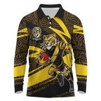 Richmond Tigers Australian Football Long Sleeve Polo Shirt Powerful Tiger Mascot With Indigenous Pattern Art