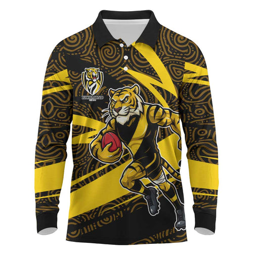 Richmond Tigers Australian Football Long Sleeve Polo Shirt Powerful Tiger Mascot With Indigenous Pattern Art