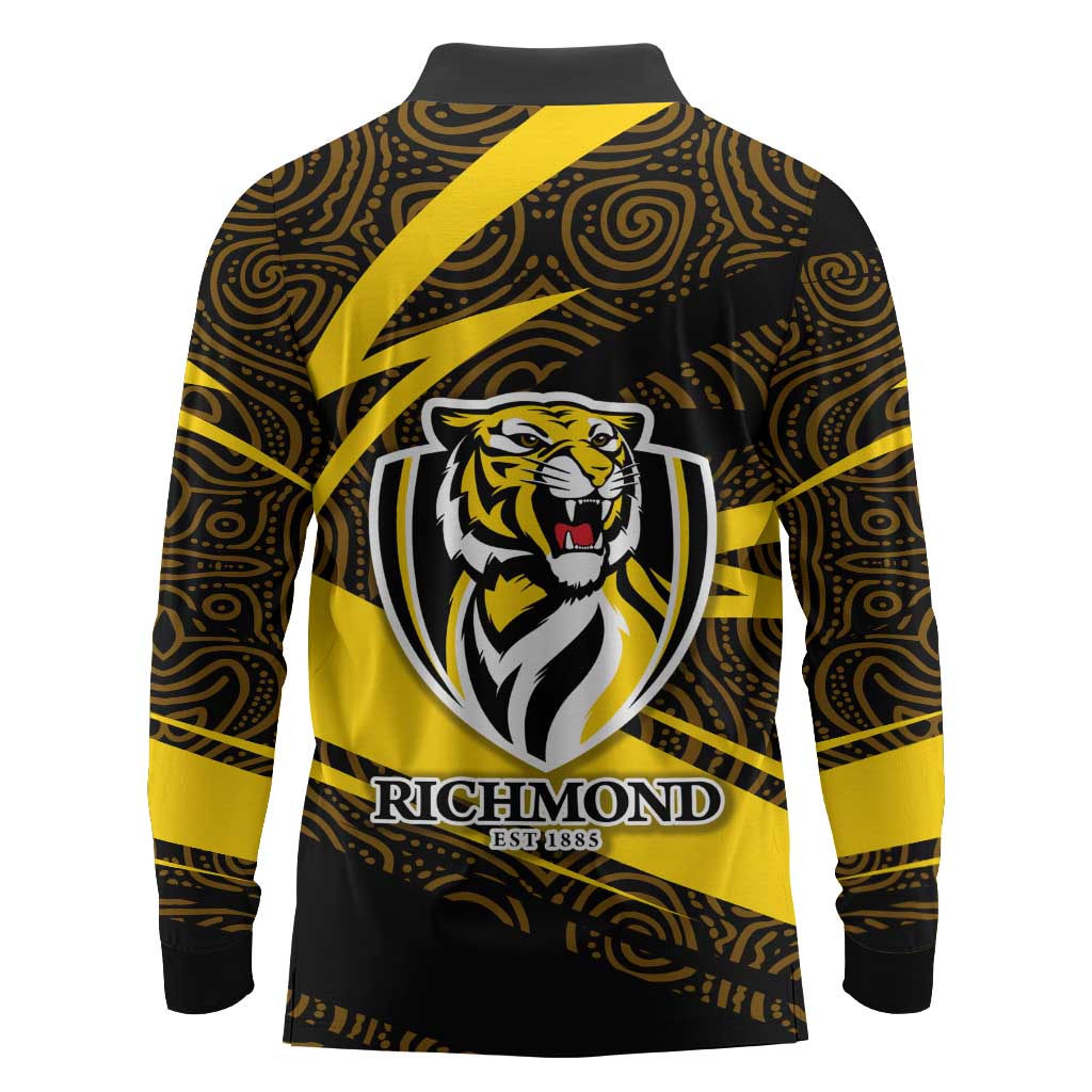 Richmond Tigers Australian Football Long Sleeve Polo Shirt Powerful Tiger Mascot With Indigenous Pattern Art