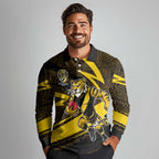 Richmond Tigers Australian Football Long Sleeve Polo Shirt Powerful Tiger Mascot With Indigenous Pattern Art