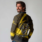 Richmond Tigers Australian Football Long Sleeve Polo Shirt Powerful Tiger Mascot With Indigenous Pattern Art