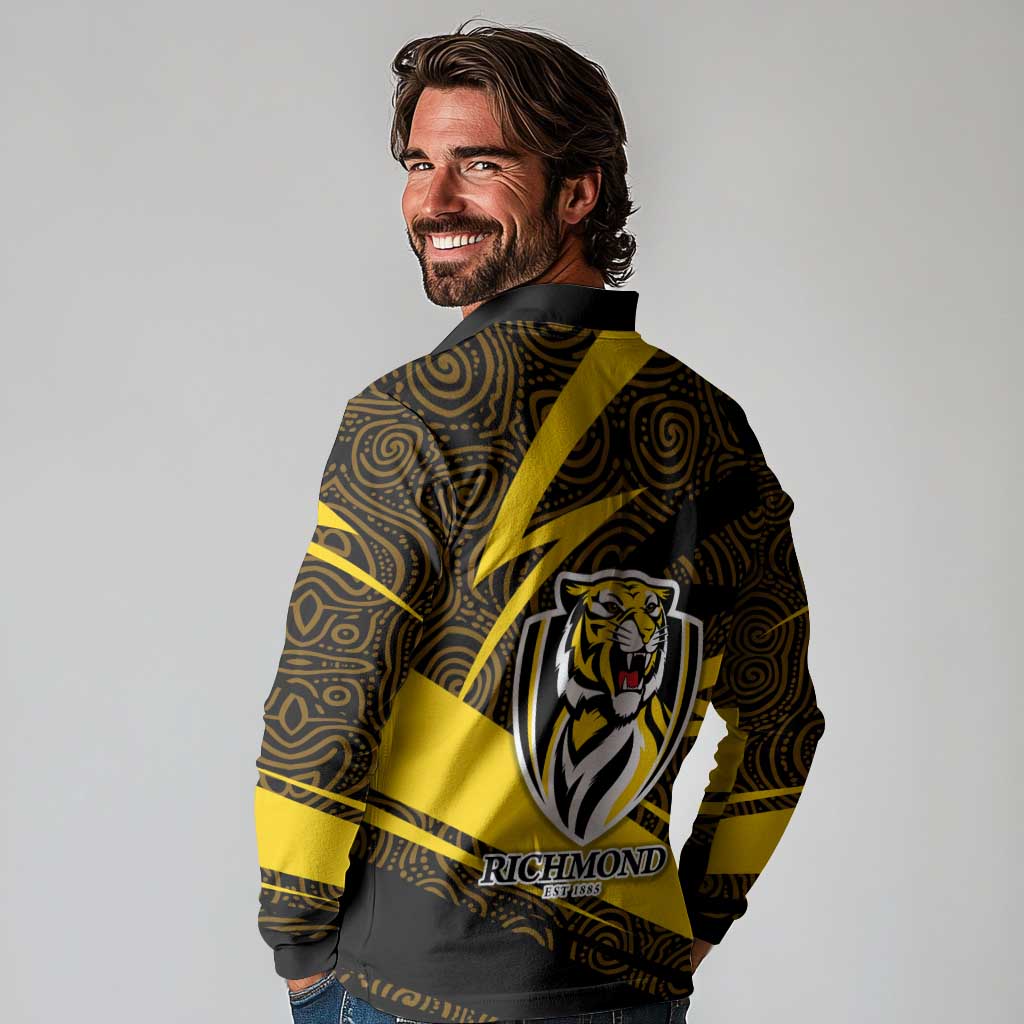 Richmond Tigers Australian Football Long Sleeve Polo Shirt Powerful Tiger Mascot With Indigenous Pattern Art