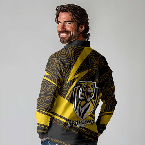 Richmond Tigers Australian Football Long Sleeve Polo Shirt Powerful Tiger Mascot With Indigenous Pattern Art