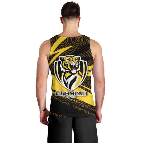 Richmond Tigers Australian Football Men Tank Top Powerful Tiger Mascot With Indigenous Pattern Art