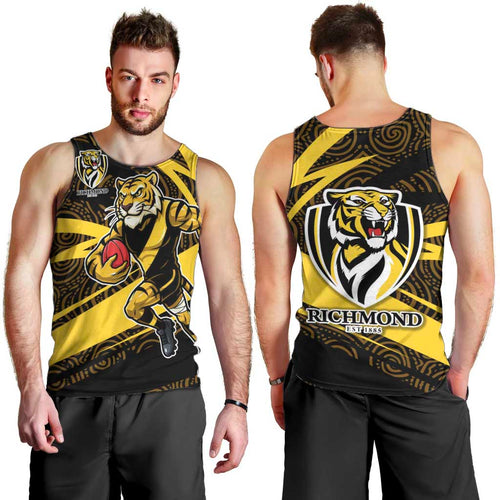 Richmond Tigers Australian Football Men Tank Top Powerful Tiger Mascot With Indigenous Pattern Art