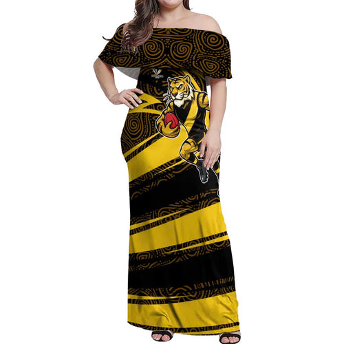 Richmond Tigers Australian Football Off Shoulder Maxi Dress Powerful Tiger Mascot With Indigenous Pattern Art