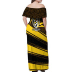 Richmond Tigers Australian Football Off Shoulder Maxi Dress Powerful Tiger Mascot With Indigenous Pattern Art