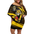 Richmond Tigers Australian Football Off Shoulder Short Dress Powerful Tiger Mascot With Indigenous Pattern Art