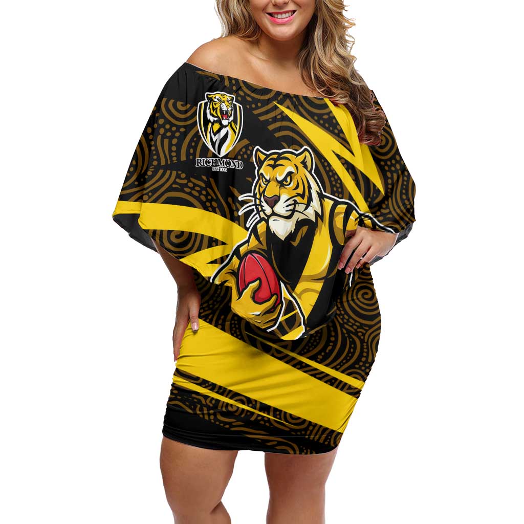 Richmond Tigers Australian Football Off Shoulder Short Dress Powerful Tiger Mascot With Indigenous Pattern Art
