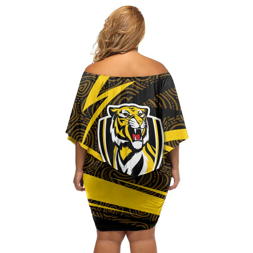 Richmond Tigers Australian Football Off Shoulder Short Dress Powerful Tiger Mascot With Indigenous Pattern Art
