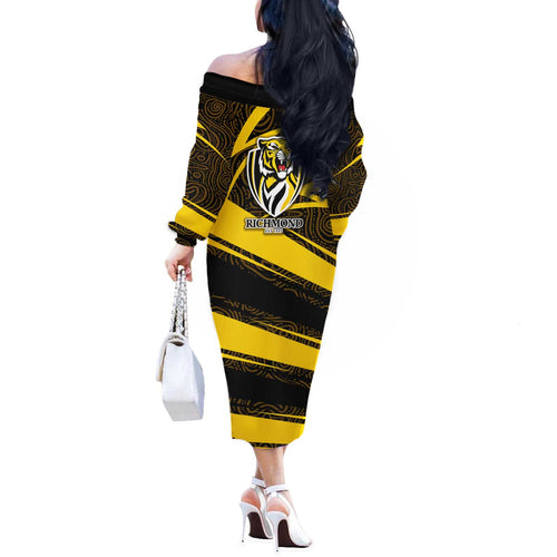 Richmond Tigers Australian Football Off The Shoulder Long Sleeve Dress Powerful Tiger Mascot With Indigenous Pattern Art
