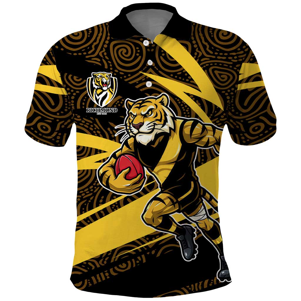 Richmond Tigers Australian Football Polo Shirt Powerful Tiger Mascot With Indigenous Pattern Art