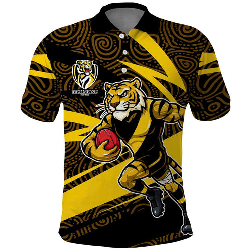 Richmond Tigers Australian Football Polo Shirt Powerful Tiger Mascot With Indigenous Pattern Art