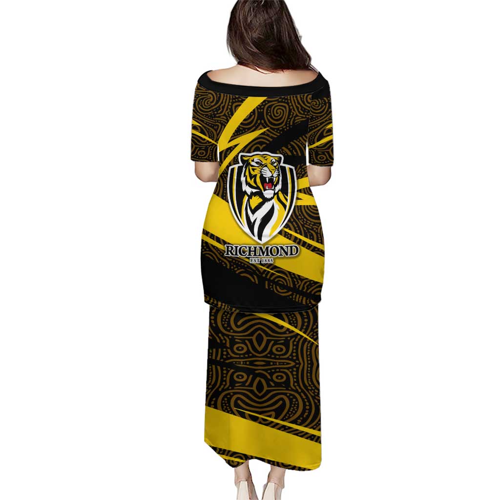 Richmond Tigers Australian Football Puletasi Powerful Tiger Mascot With Indigenous Pattern Art