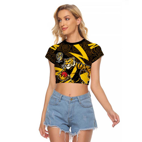 Richmond Tigers Australian Football Raglan Cropped T Shirt Powerful Tiger Mascot With Indigenous Pattern Art
