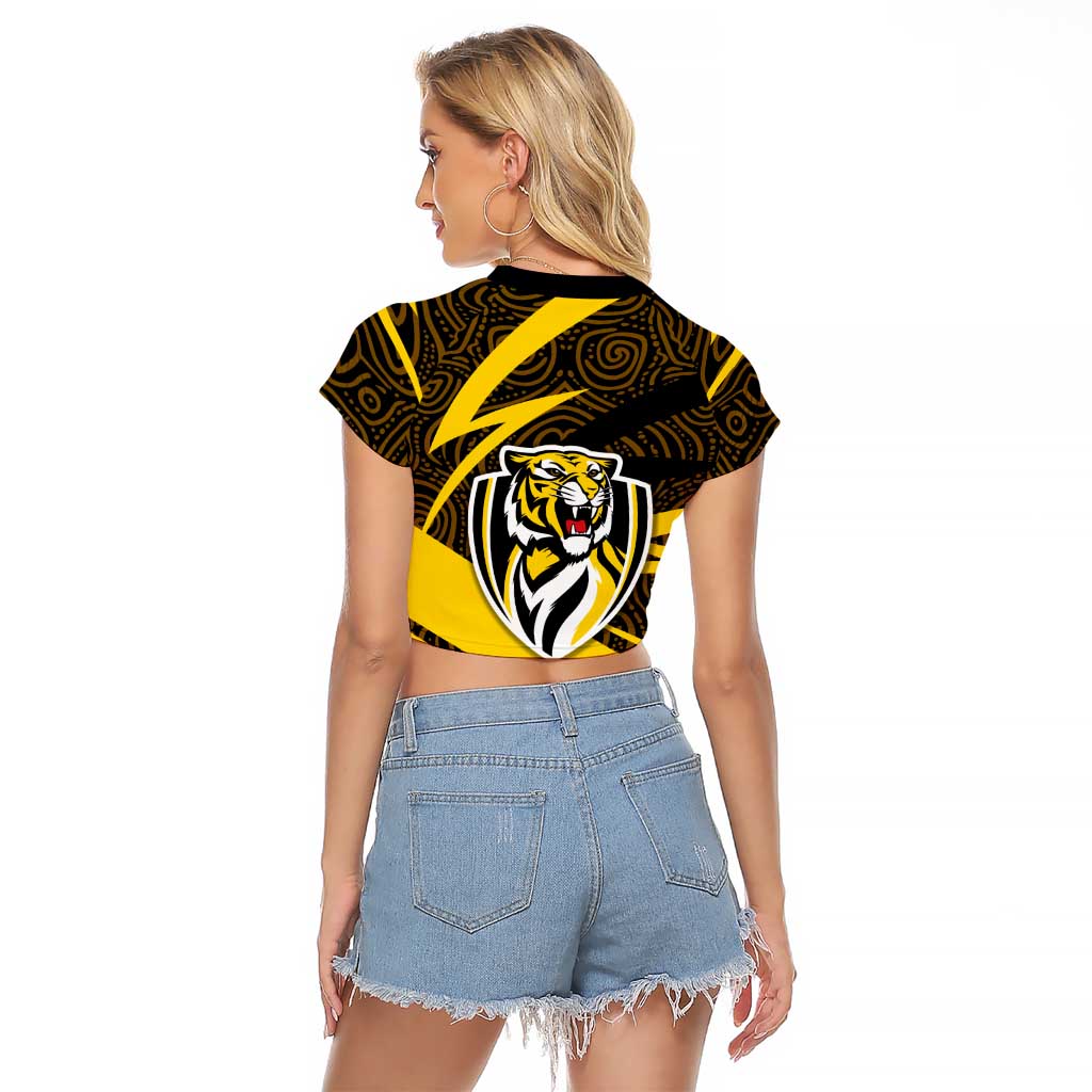 Richmond Tigers Australian Football Raglan Cropped T Shirt Powerful Tiger Mascot With Indigenous Pattern Art
