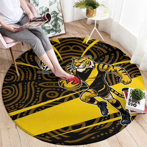 Richmond Tigers Australian Football Round Carpet Powerful Tiger Mascot With Indigenous Pattern Art