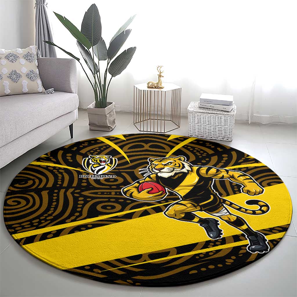 Richmond Tigers Australian Football Round Carpet Powerful Tiger Mascot With Indigenous Pattern Art