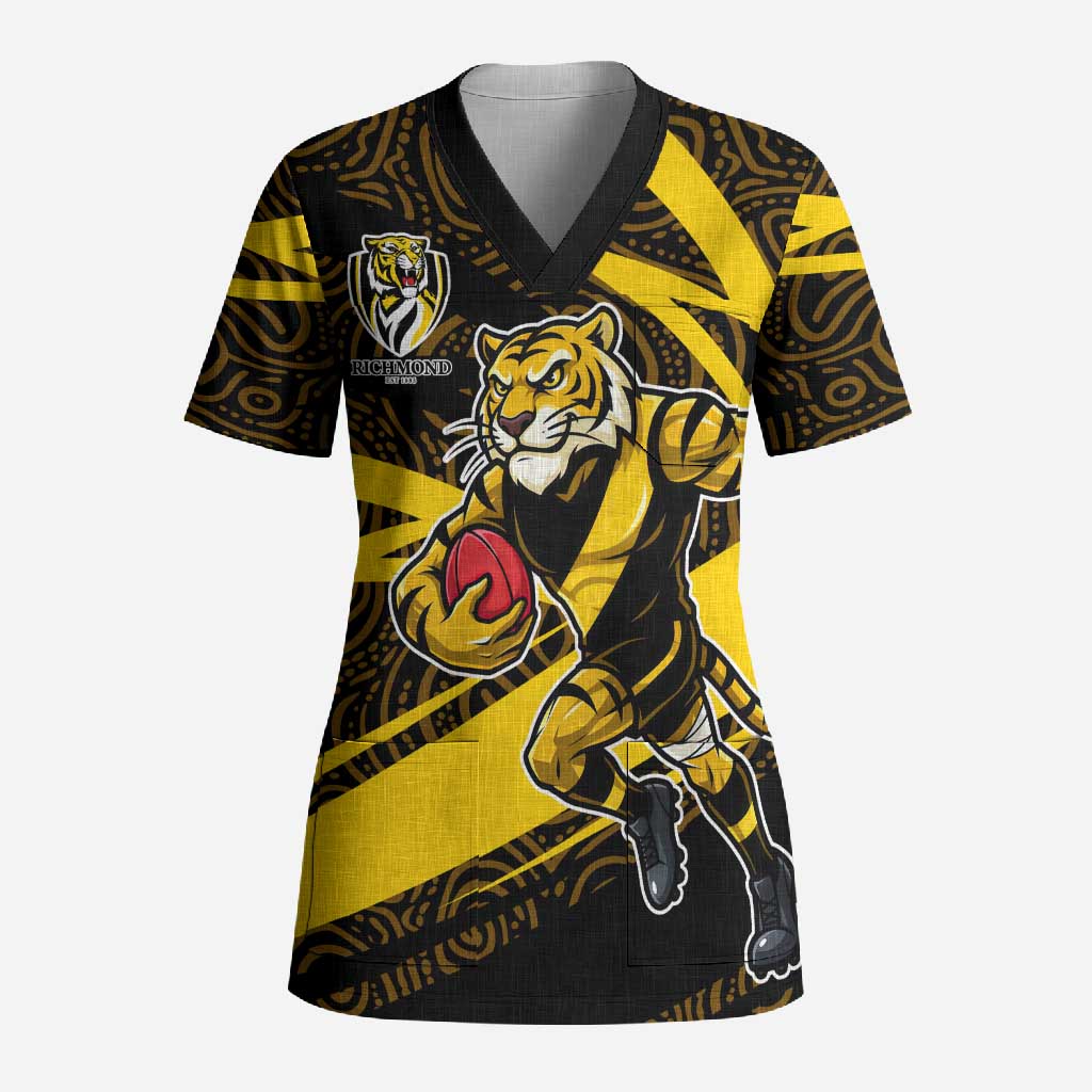 Richmond Tigers Australian Football Scrub Top Powerful Tiger Mascot With Indigenous Pattern Art