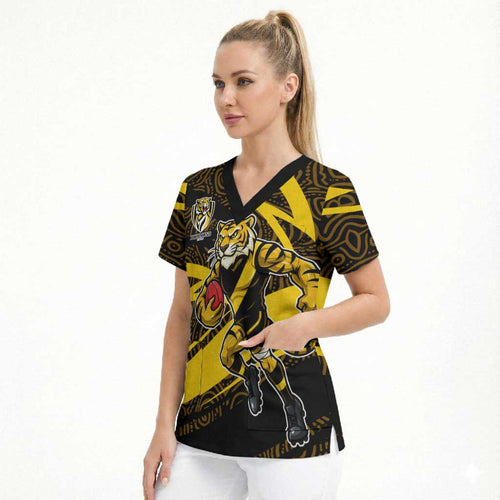 Richmond Tigers Australian Football Scrub Top Powerful Tiger Mascot With Indigenous Pattern Art