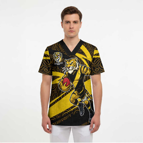 Richmond Tigers Australian Football Scrub Top Powerful Tiger Mascot With Indigenous Pattern Art
