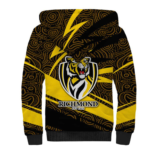 Richmond Tigers Australian Football Sherpa Hoodie Powerful Tiger Mascot With Indigenous Pattern Art