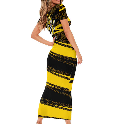 Richmond Tigers Australian Football Short Sleeve Bodycon Dress Powerful Tiger Mascot With Indigenous Pattern Art