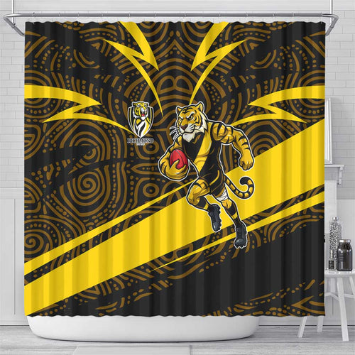 Richmond Tigers Australian Football Shower Curtain Powerful Tiger Mascot With Indigenous Pattern Art