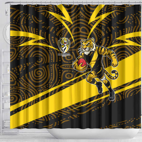 Richmond Tigers Australian Football Shower Curtain Powerful Tiger Mascot With Indigenous Pattern Art