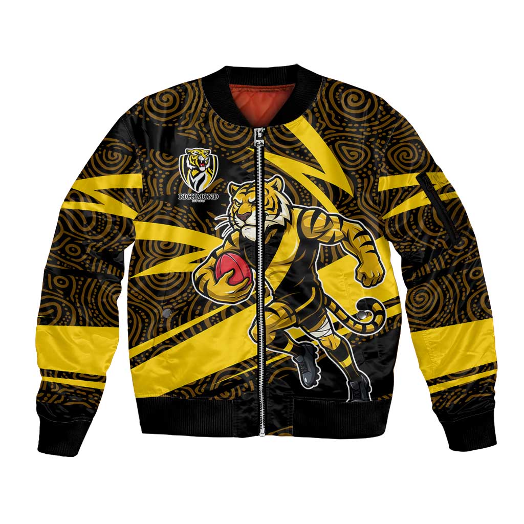 Richmond Tigers Australian Football Sleeve Zip Bomber Jacket Powerful Tiger Mascot With Indigenous Pattern Art