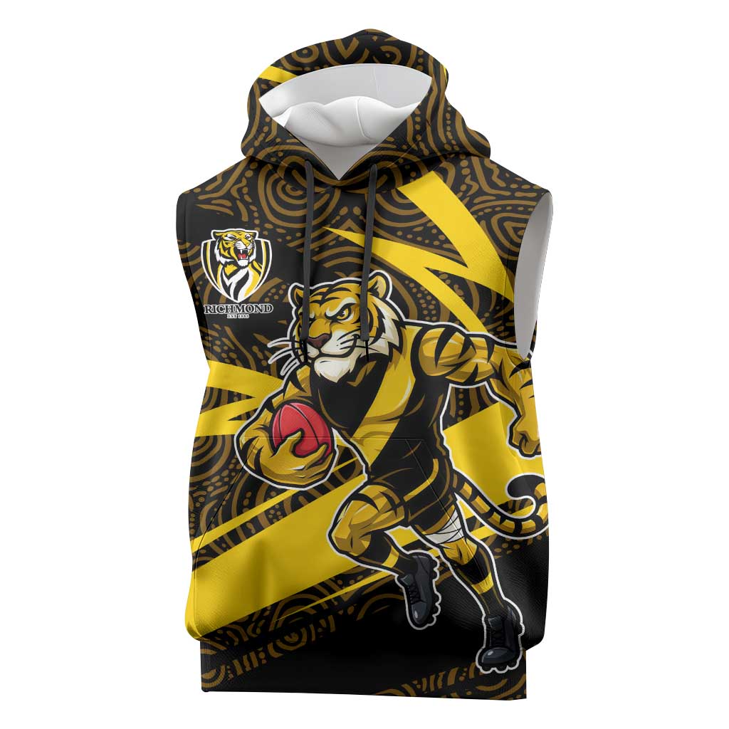 Richmond Tigers Australian Football Sleeveless Hoodie Powerful Tiger Mascot With Indigenous Pattern Art