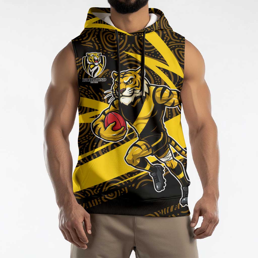 Richmond Tigers Australian Football Sleeveless Hoodie Powerful Tiger Mascot With Indigenous Pattern Art
