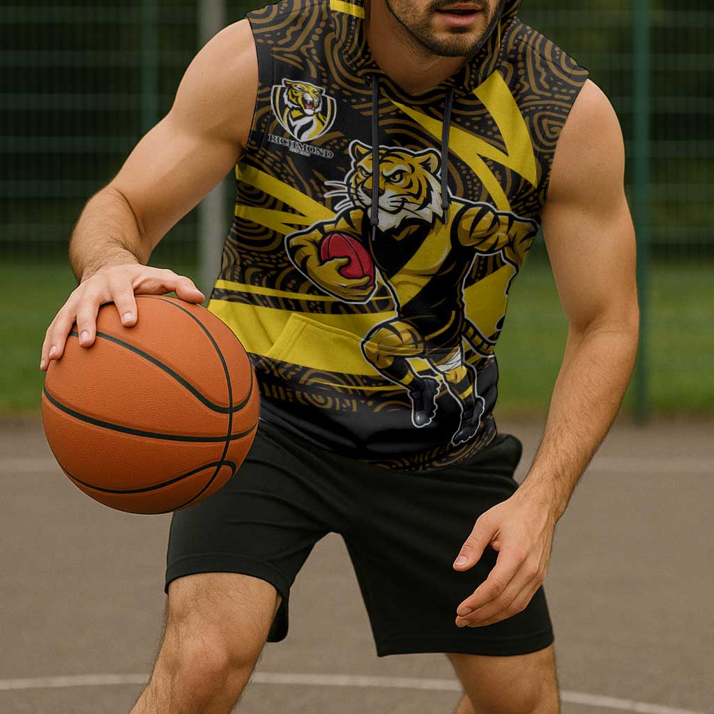 Richmond Tigers Australian Football Sleeveless Hoodie Powerful Tiger Mascot With Indigenous Pattern Art