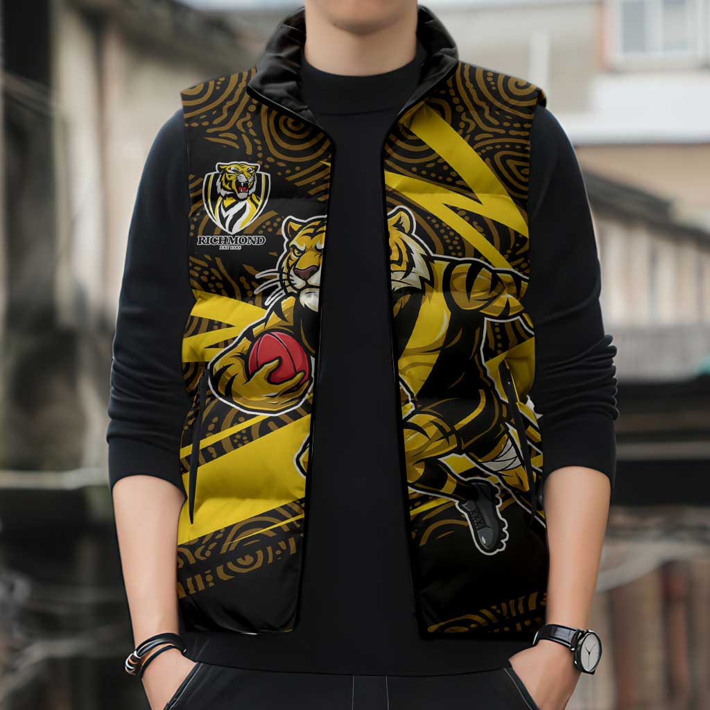 Richmond Tigers Australian Football Sleeveless Puffer Jacket Powerful Tiger Mascot With Indigenous Pattern Art