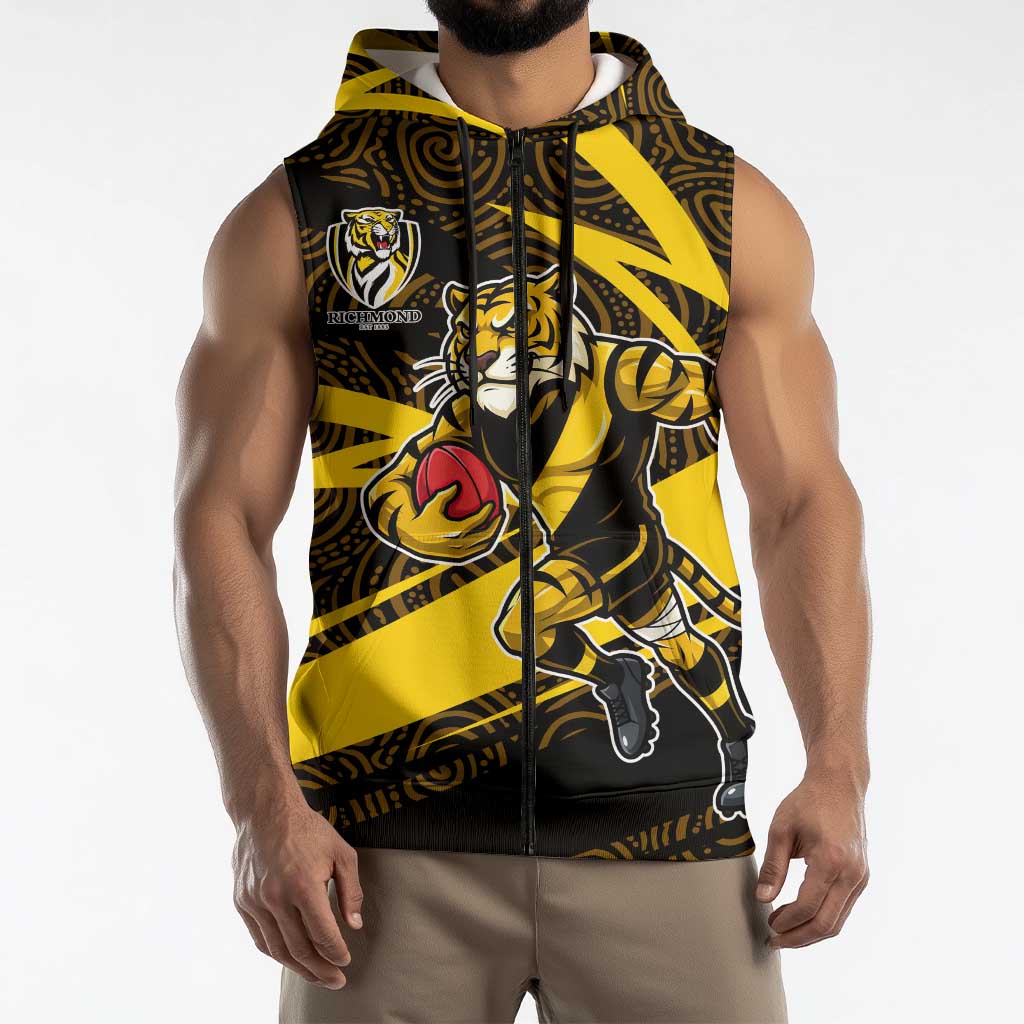 Richmond Tigers Australian Football Sleeveless Zip Hoodie Powerful Tiger Mascot With Indigenous Pattern Art