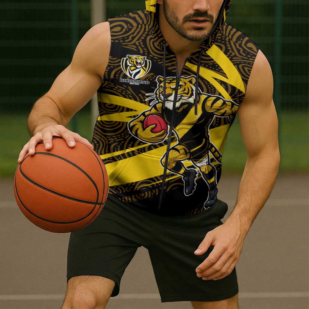 Richmond Tigers Australian Football Sleeveless Zip Hoodie Powerful Tiger Mascot With Indigenous Pattern Art