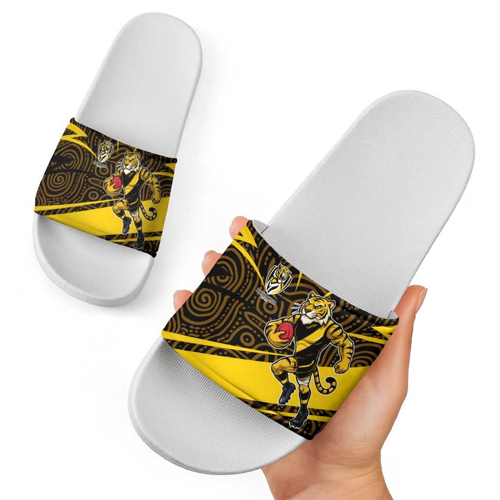 Richmond Tigers Australian Football Slide Sandals Powerful Tiger Mascot With Indigenous Pattern Art
