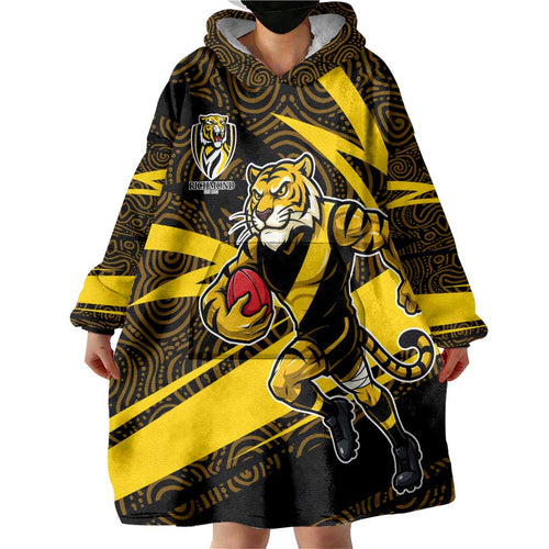 Richmond Tigers Australian Football Wearable Blanket Hoodie Powerful Tiger Mascot With Indigenous Pattern Art