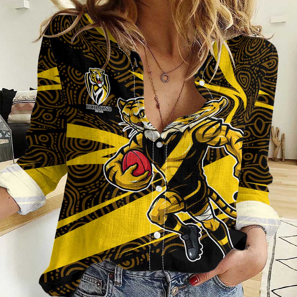 Richmond Tigers Australian Football Women Casual Shirt Powerful Tiger Mascot With Indigenous Pattern Art