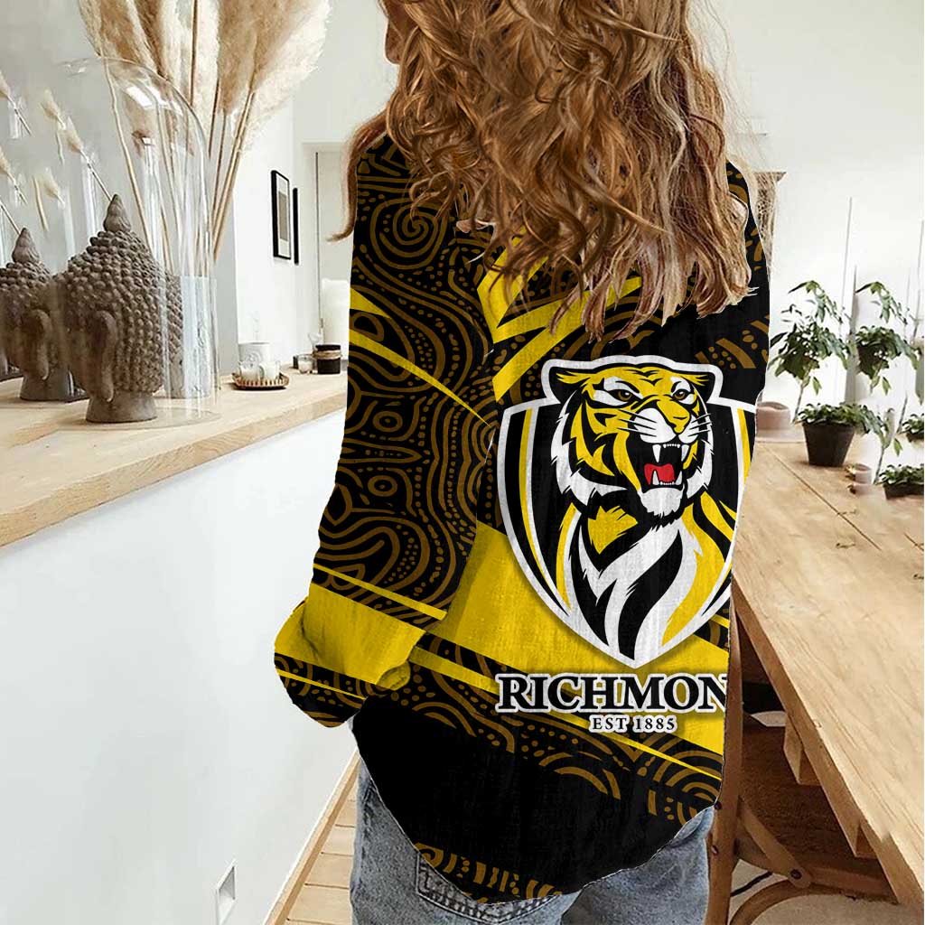Richmond Tigers Australian Football Women Casual Shirt Powerful Tiger Mascot With Indigenous Pattern Art