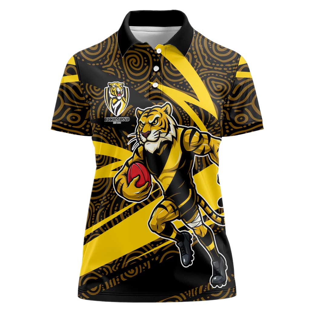 Richmond Tigers Australian Football Women Polo Shirt Powerful Tiger Mascot With Indigenous Pattern Art