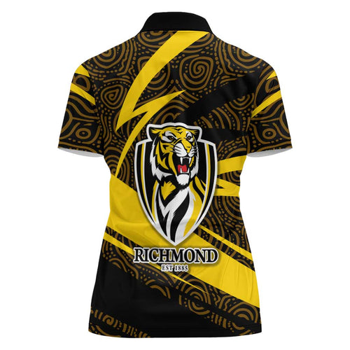 Richmond Tigers Australian Football Women Polo Shirt Powerful Tiger Mascot With Indigenous Pattern Art
