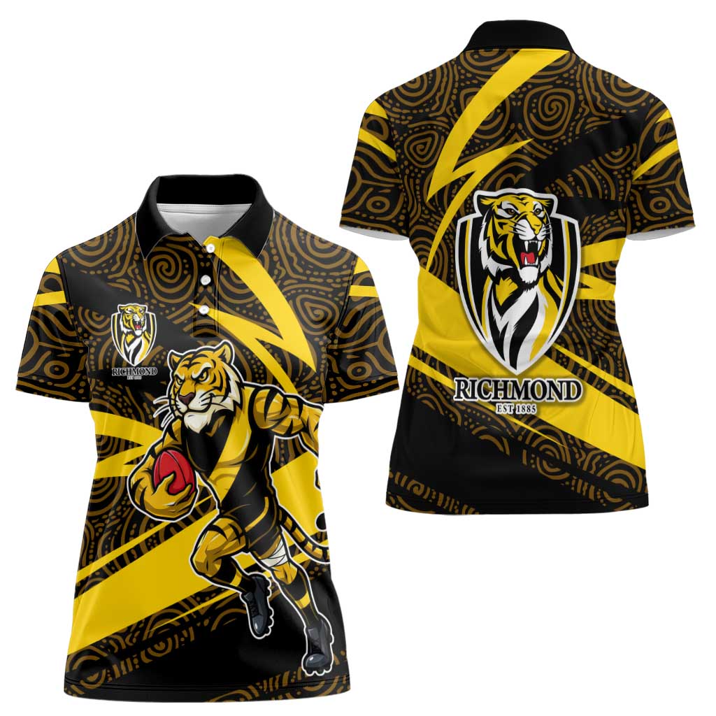 Richmond Tigers Australian Football Women Polo Shirt Powerful Tiger Mascot With Indigenous Pattern Art