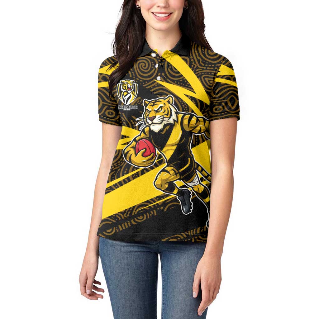 Richmond Tigers Australian Football Women Polo Shirt Powerful Tiger Mascot With Indigenous Pattern Art